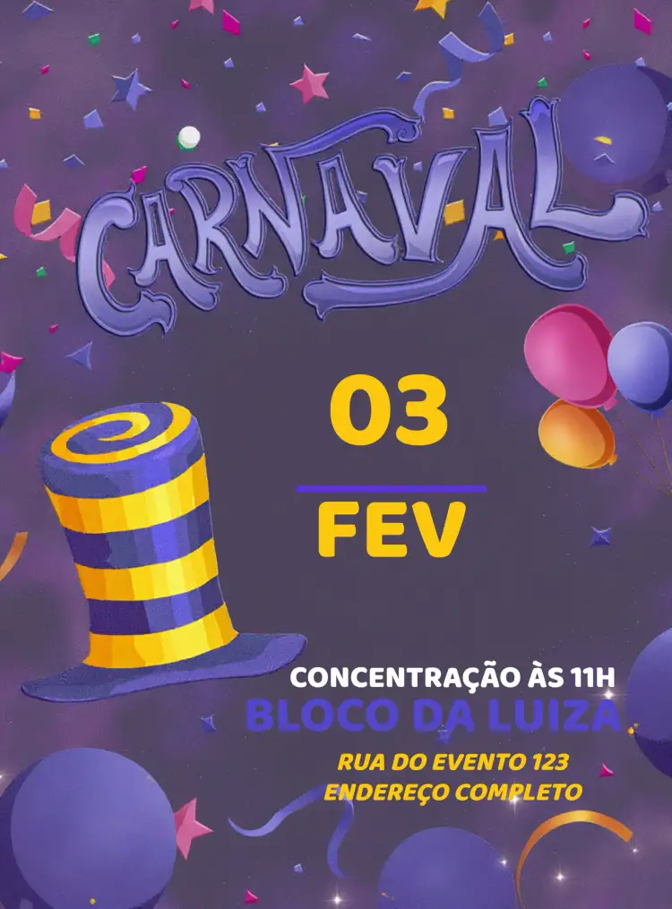 Convite Bloco De Carnaval – tema Datas Comemorativas colorido, vibrante, festivo, tropical, alegre, divertido