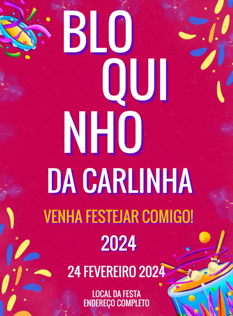 Convite Bloquinho Carnaval Carnavrau – tema Datas Comemorativas carnaval, colorido, divertido, festivo, temático