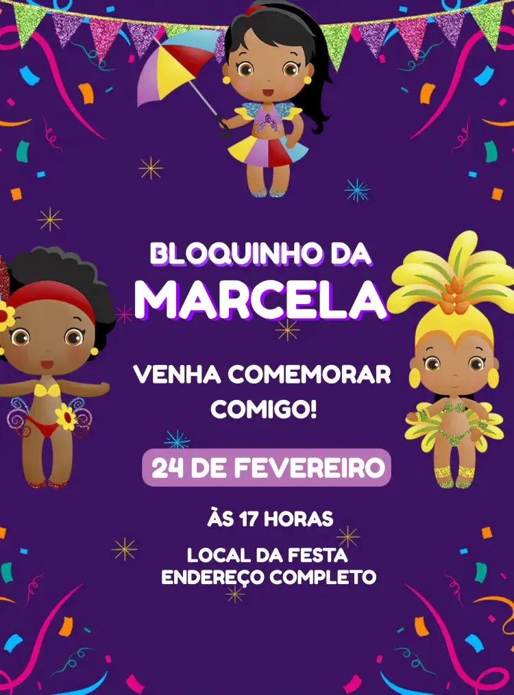 Convite Bloquinho Carnaval Dança – tema Datas Comemorativas roxo, branco, alegria, colorido, carnaval, festa