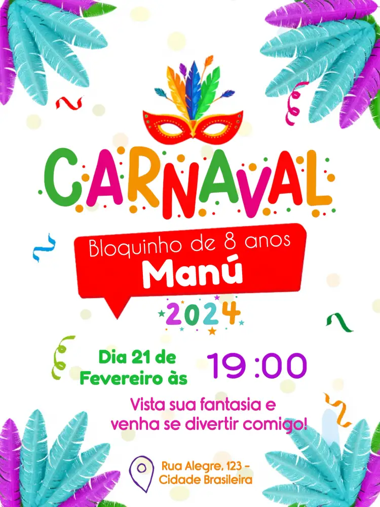 Convite Bloquinho De Carnaval Alegoria – tema Datas Comemorativas colorido, festivo, alegre, temático, vibrante
