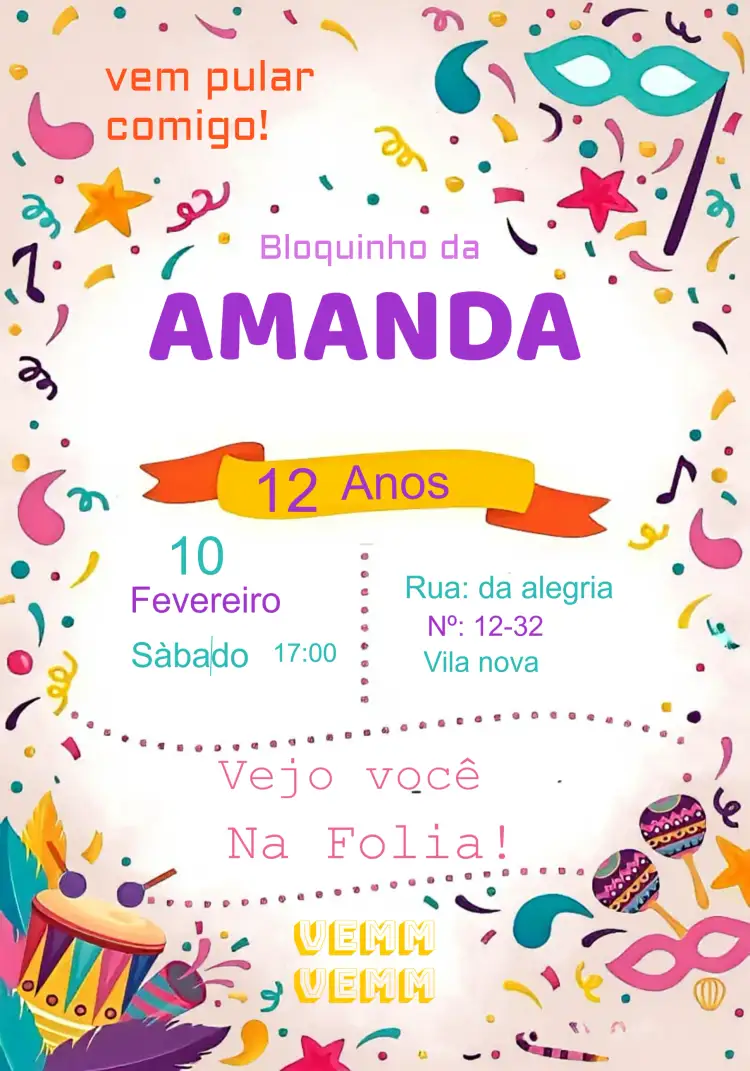 Convite Bloquinho De Carnaval Colorido – tema Datas Comemorativas colorido, divertido, festivo, tropical, alegre