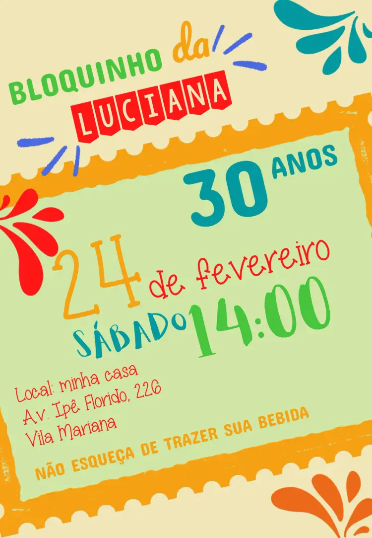 Convite Bloquinho De Carnaval Eletrico – tema Datas Comemorativas colorido, divertido, tropical, festivo, brilhante, carnavalesco