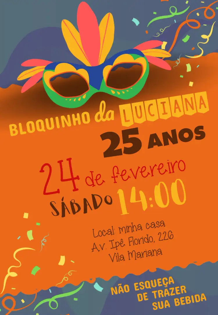 Convite Bloquinho De Carnaval Eletrico – tema Datas Comemorativas colorido, carnaval, divertido, brasileiro, festivo, tropical