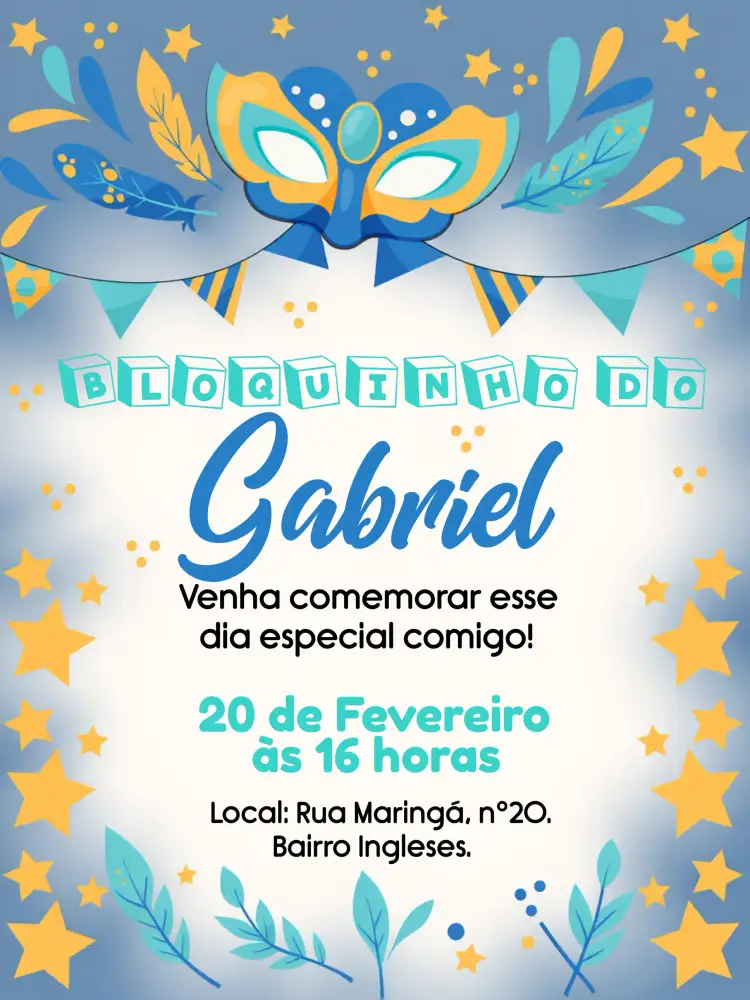 Convite Bloquinho De Carnaval Festa – tema Datas Comemorativas colorido, festivo, alegre, moderno, temático, vibrante