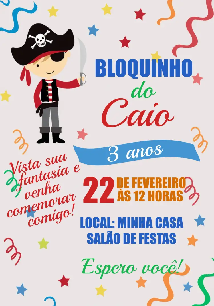 Convite Bloquinho De Carnaval Menino – tema Datas Comemorativas colorido, festivo, fantasia, divertido, infantil