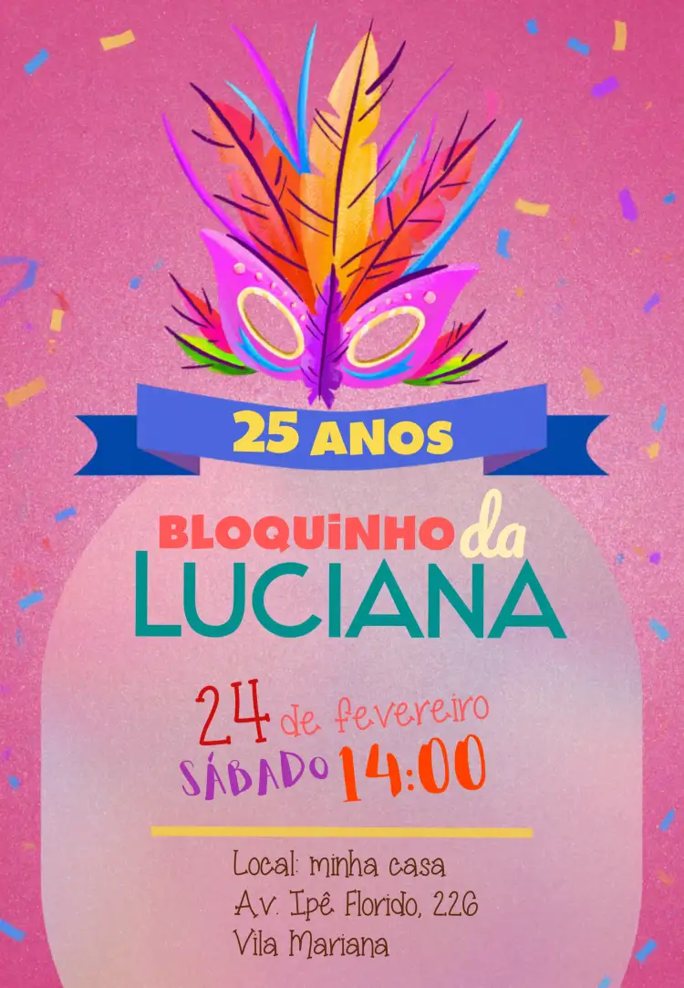 Convite Bloquinho De Carnaval Nordeste – tema Datas Comemorativas colorido, festivo, tropical, brasileiro, vibrante