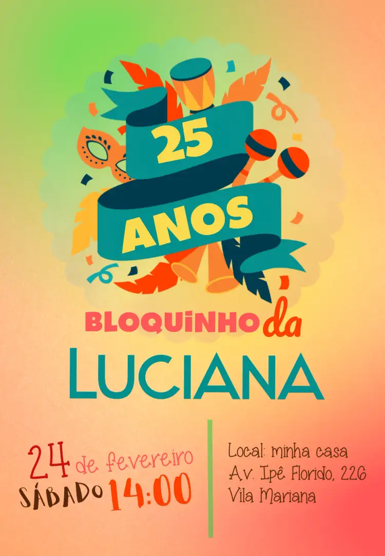 Convite Bloquinho De Carnaval Nordeste – tema Datas Comemorativas colorido, carnaval, nordestino, divertido, alegre