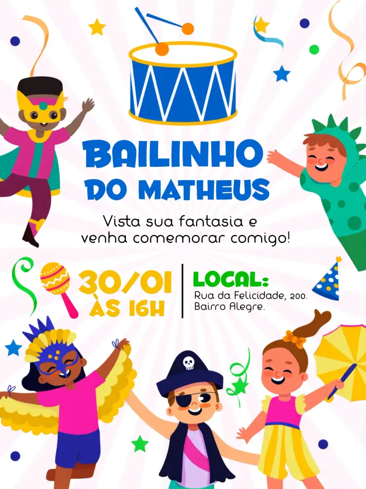 Convite Bloquinho De Carnaval Samba – tema Datas Comemorativas colorido, carnaval, samba, brincalhão, divertido, infantil