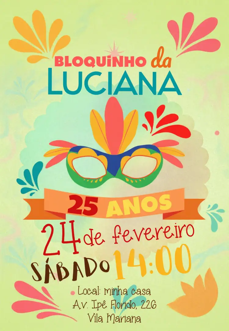 Convite Bloquinho De Carnaval Trio – tema Datas Comemorativas colorido, festivo, tropical, carnavalesco, brilho, divertido