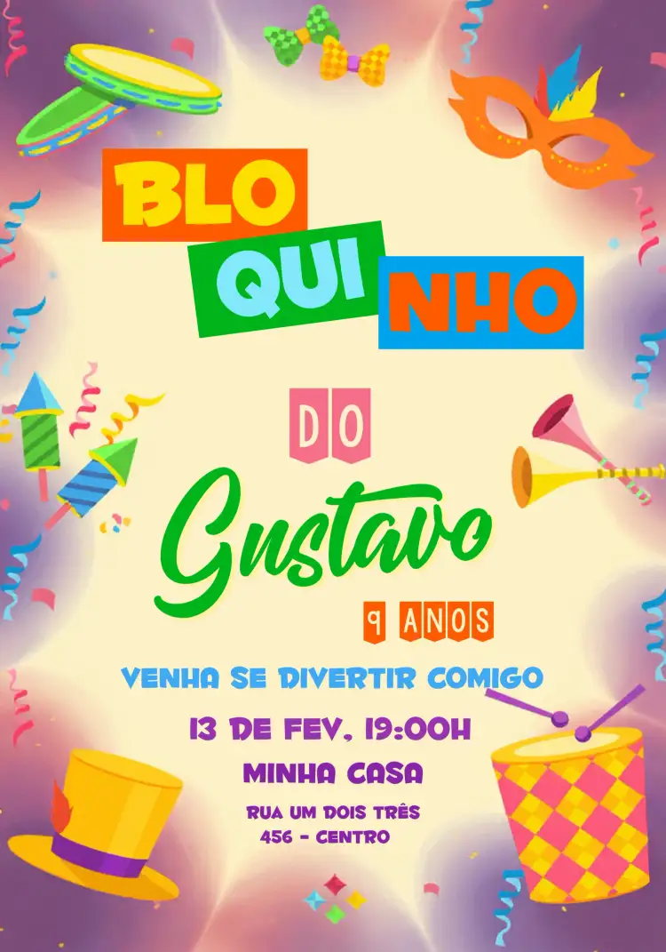 Convite Bloquinho Menina – tema Datas Comemorativas colorido, infantil, divertido, lúdico, carnaval, alegre