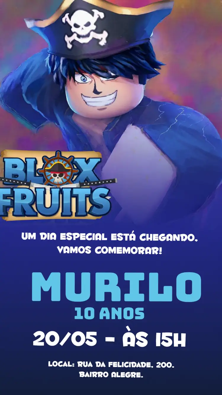 Convite Blox Fruits Azul – tema Aniversário Infantil infantil, aventura, colorido, jogos, moderno