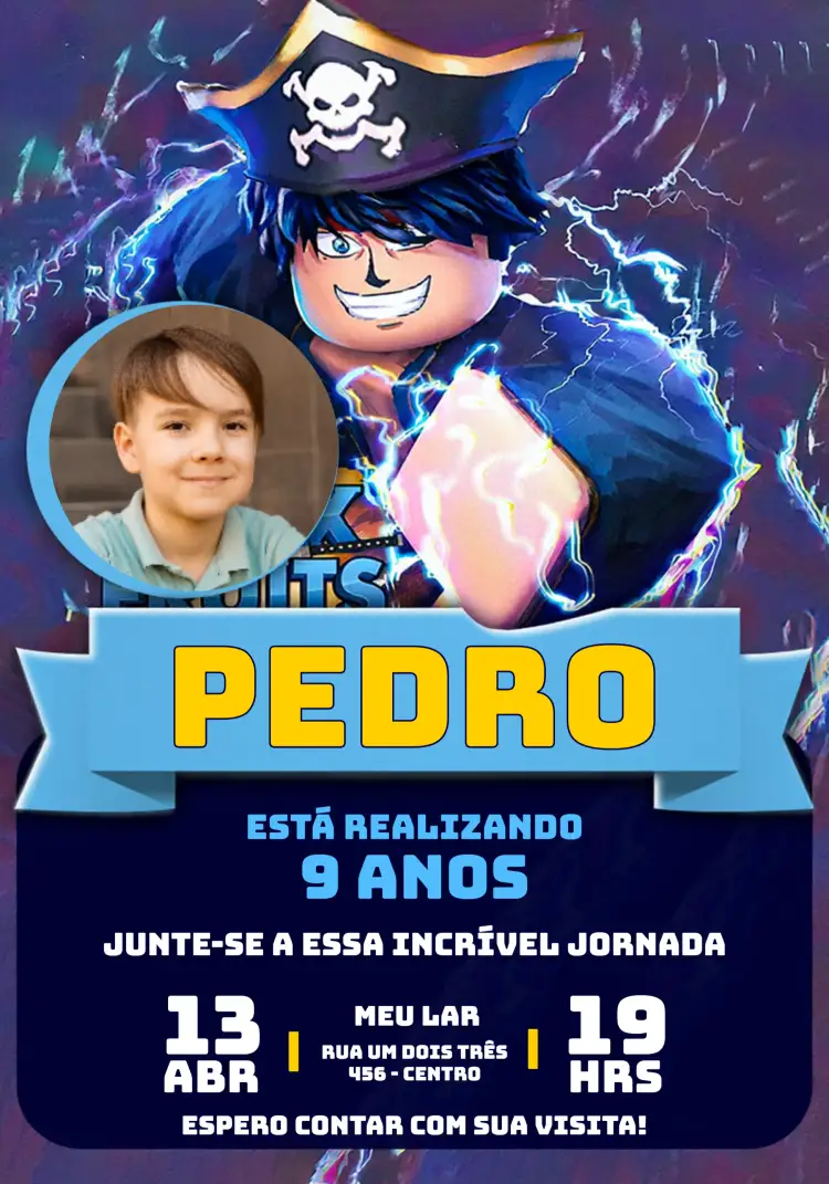 Convite Blox Fruits Com Foto Jogo – tema Aniversário Infantil colorido, divertido, moderno, jogos, pirata, vibrante