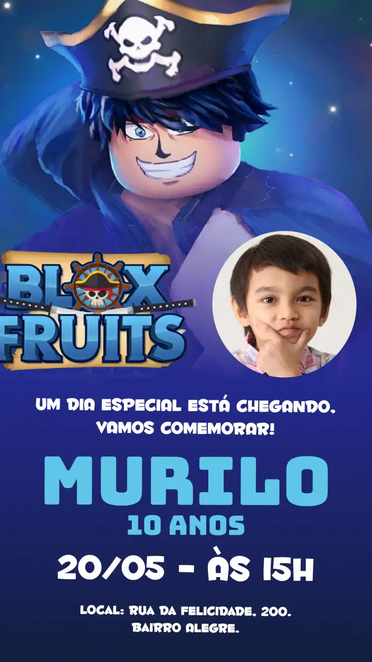 Convite Blox Fruits Com Foto Roblox – tema Aniversário Infantil azul, gamer, temática Roblox, divertido, colorido
