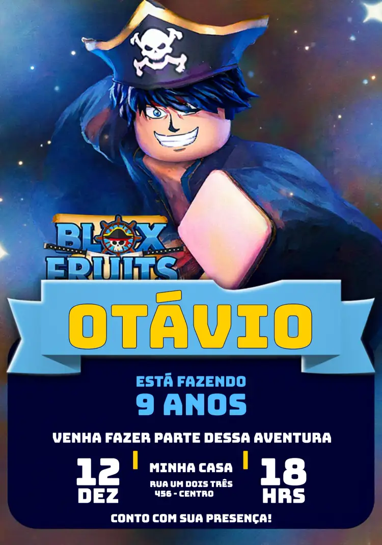 Convite Blox Fruits Pirata – tema Aniversário Infantil pirata, colorido, aventura, jogos, infantil, divertido