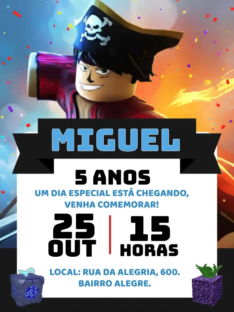Convite Blox Fruits Roblox Bloxfruis – tema Aniversário Infantil pirata, gamer, colorido, moderno, divertido, temático
