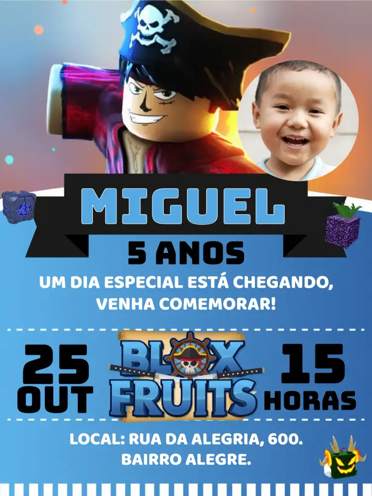 Convite Blox Fruits Roblox Com Foto Bloxfruis – tema Aniversário Infantil colorido, pirata, aventura, jogos, anime, fantasia