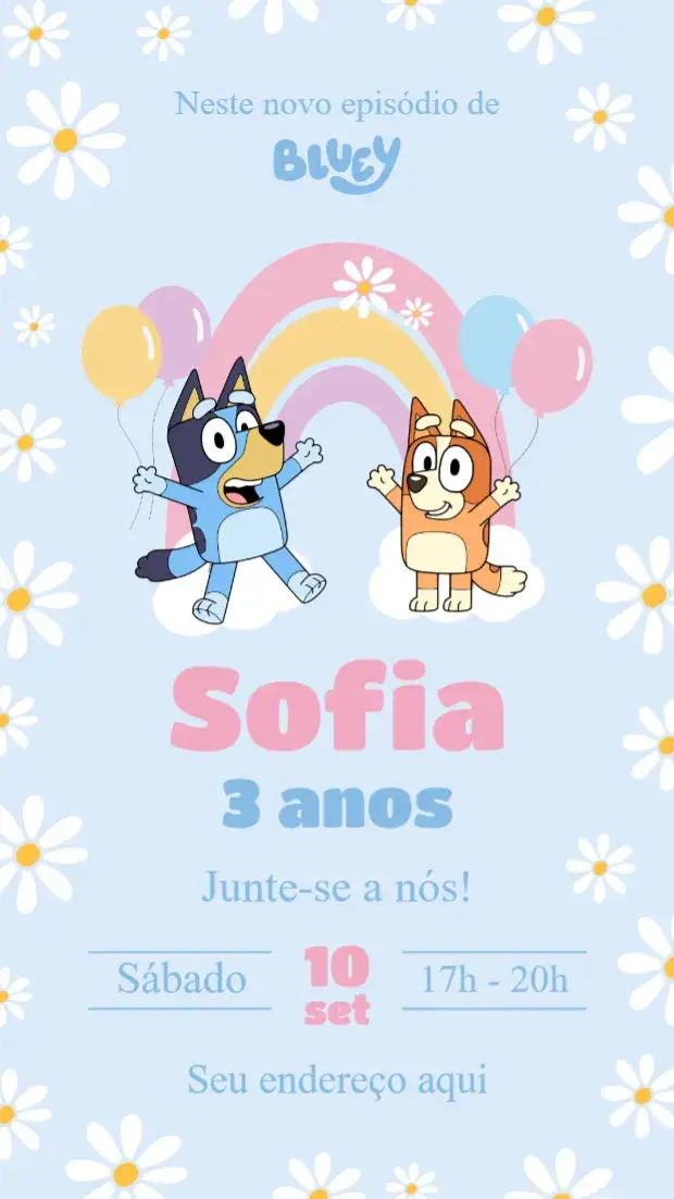 Convite Bluey – tema Aniversário Infantil colorido, divertido, temático, alegre, infantil