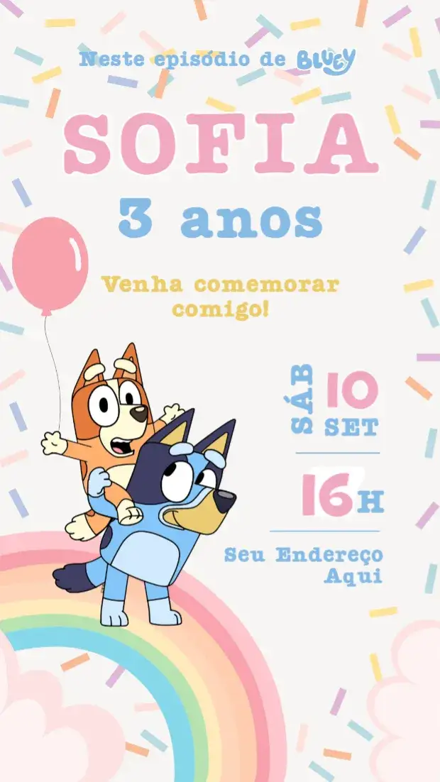 Convite Bluey – tema Aniversário Infantil colorido, divertido, infantil, personagens, alegre, temático