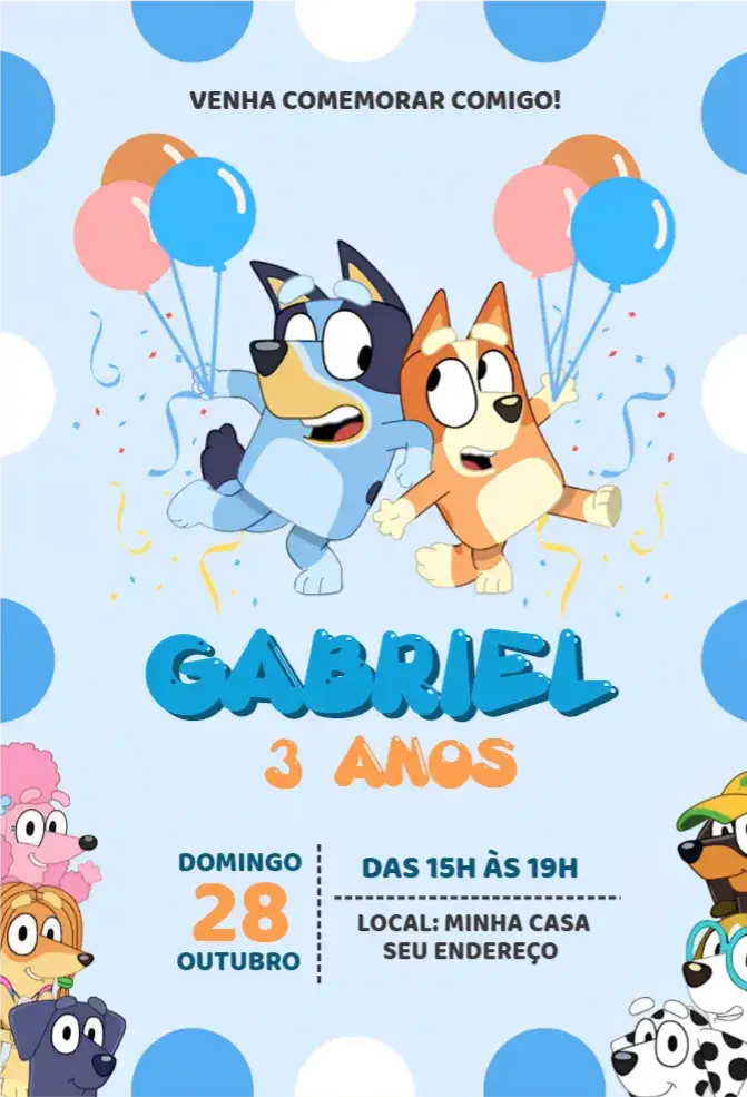 Convite Bluey – tema Aniversário azul, divertido, moderno, infantil, animado