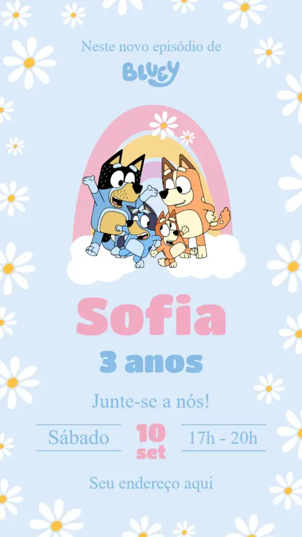 Convite Bluey – tema Aniversário Infantil azul, divertido, lúdico, animado, colorido