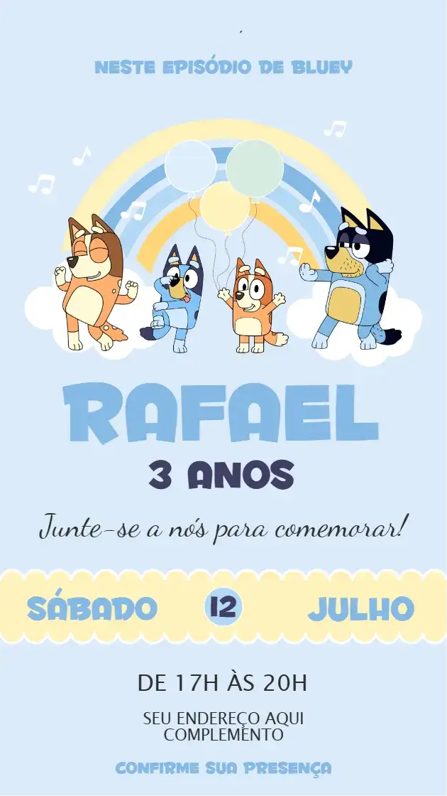 Convite Bluey – tema Aniversário Infantil colorido, divertido, infantil, temático, ilustrações de desenhos animados, estilo alegre