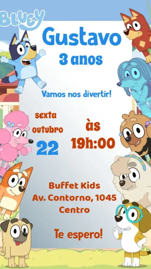 Convite Bluey – tema Aniversário Infantil colorido, divertido, infantil, temática de desenhos, alegre, estilo cartoon