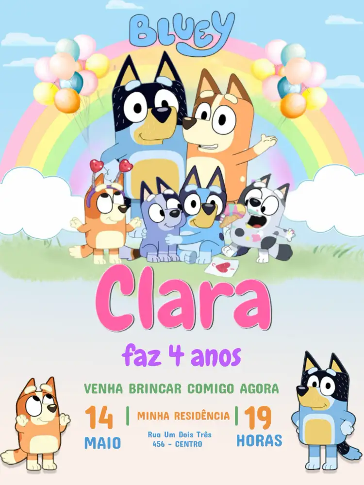 Convite Bluey & Bingo Rosa Infantil – tema Mais pesquisados rosa, colorido, divertido, lúdico, infantil, temático