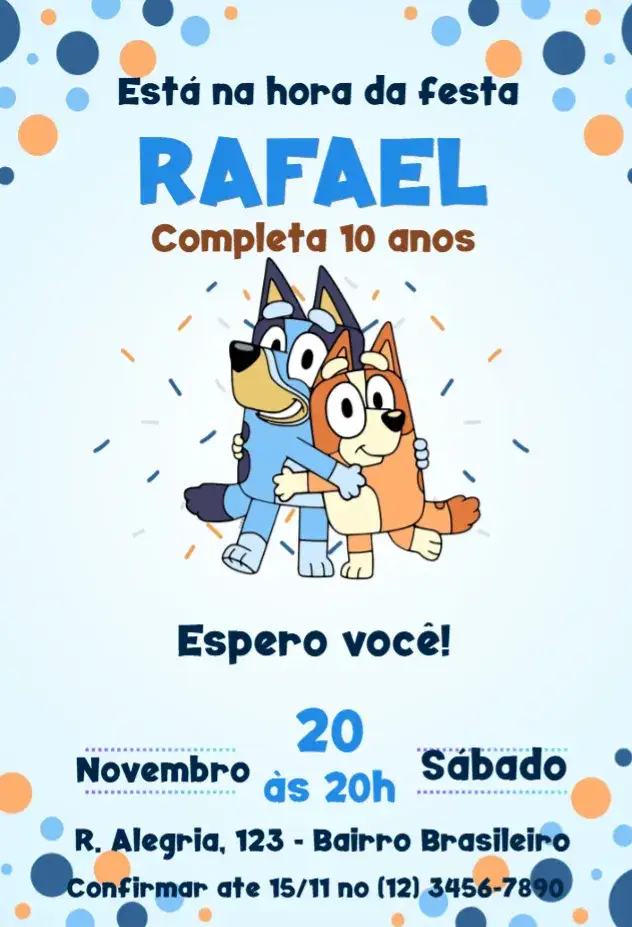 Invitación Convite Bluey e Bingo Bolinhas – tema Aniversário Infantil colorido, divertido, infantil, moderno, temático, alegre