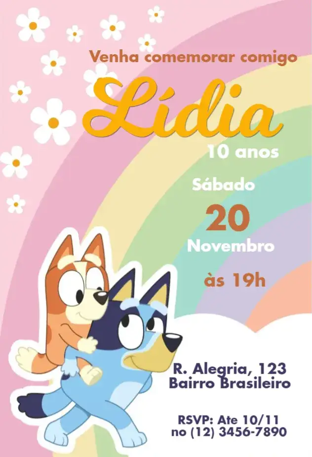 Convite Bluey e Bingo – tema Aniversário Infantil colorido, divertido, infantil, temático, lúdico