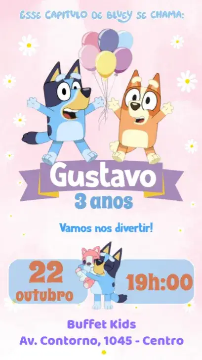 Invitación Bluey e Bingo – tema Aniversário Infantil colorido, divertido, lúdico, infantil, moderno