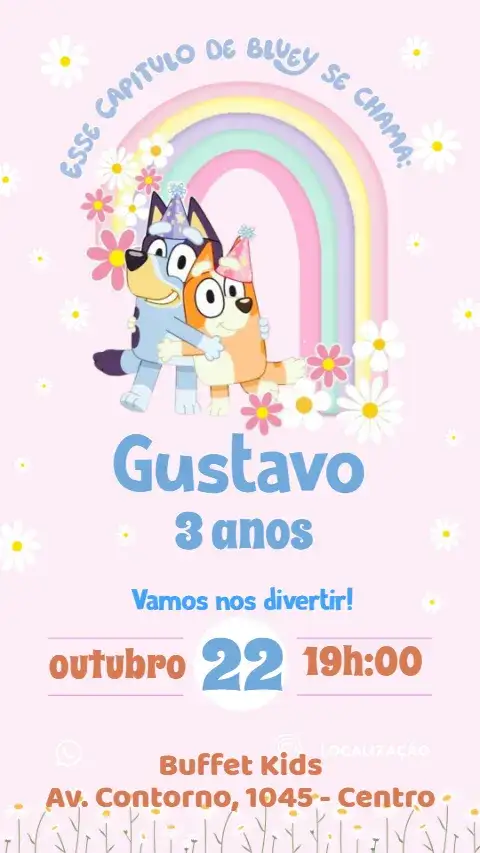 Invitación Bluey e Bingo Aquarela – tema Aniversário Infantil aquarela, colorido, lúdico, divertido, infantil
