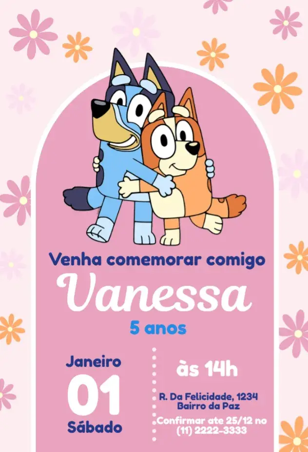 Convite Bluey e Bingo Arco Floral