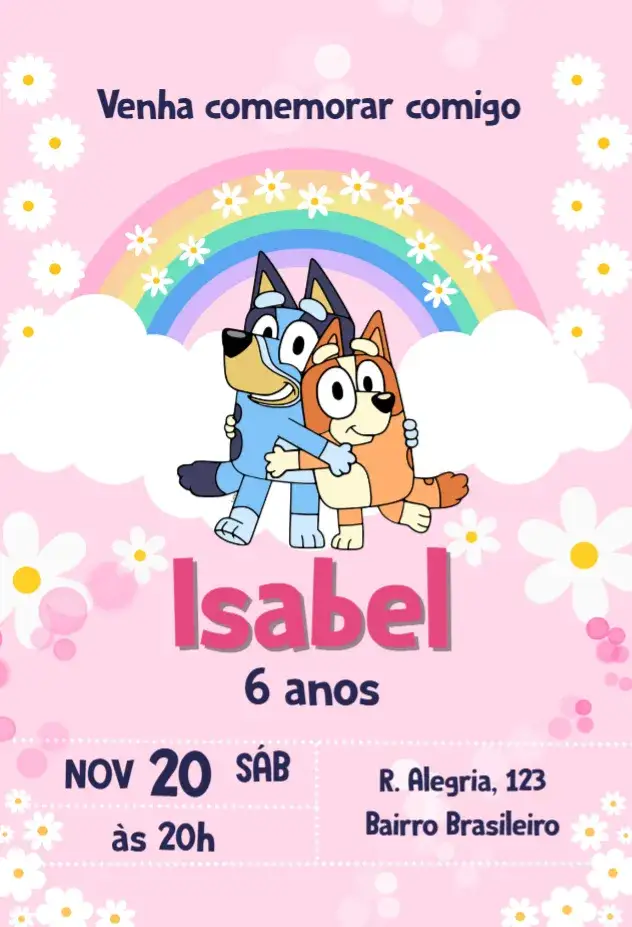 Invitación Bluey e Bingo Arco Iris Floral – tema Aniversário Infantil floral, colorido, infantil, divertido, moderno, lúdico