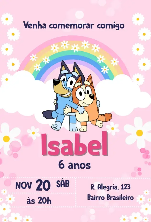 Bluey and Bingo Rainbow Floral invitation