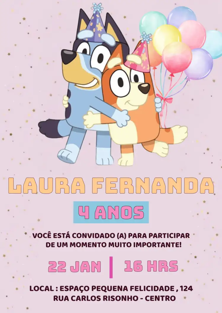 Convite Bluey E Bingo Bday – tema Aniversário Infantil azul, rosa, lúdico, divertido, infantil, moderno