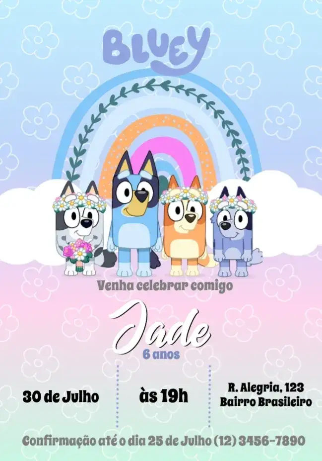 Convite Bluey E Bingo Rosa – tema Mais pesquisados colorido, divertido, temático, infantil, moderno