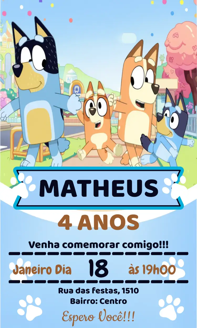 Convite Bluey E Bingo Disney – tema Mais pesquisados desenho animado, personagens caninos, infantil