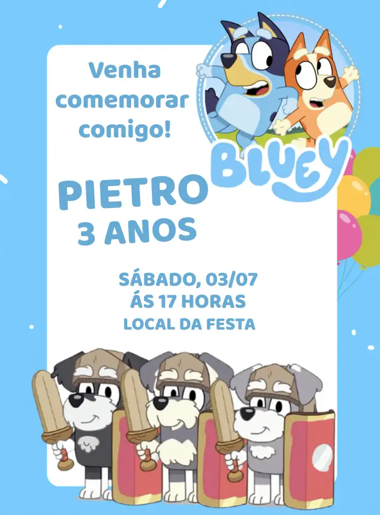 Convite Bluey E Bingo Cachorro – tema Mais pesquisados azul, divertido, lúdico, infantil, moderno