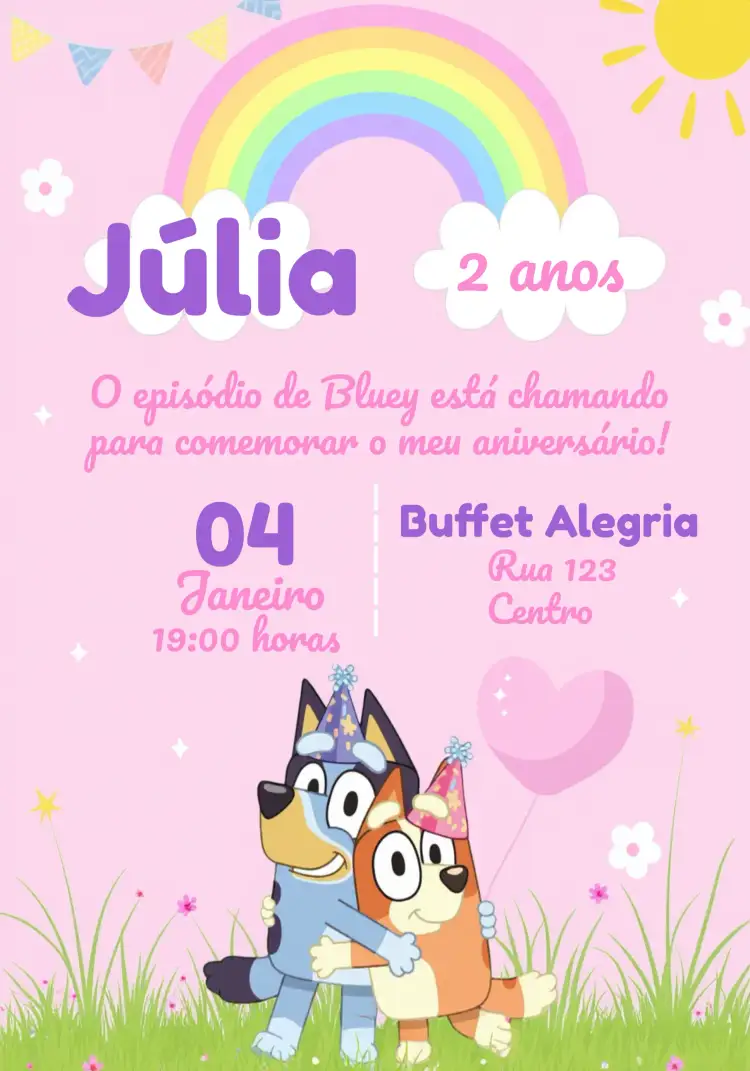 Convite Bluey E Bingo Cachorro – tema Mais pesquisados colorido, infantil, lúdico, arco-íris, delicado