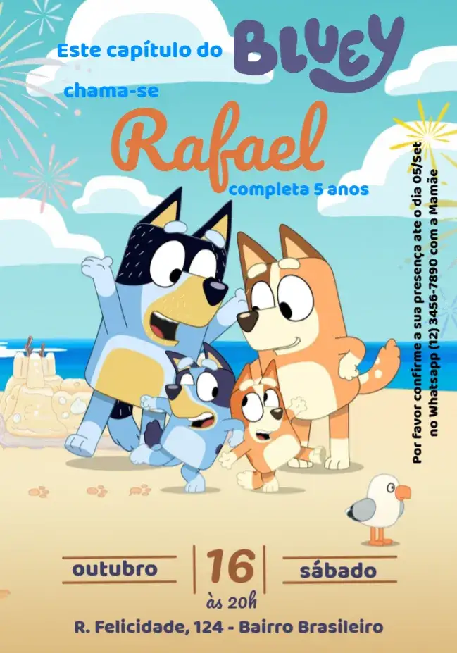 Convite Bluey E Bingo Praia – tema Mais pesquisados colorido, divertido, infantil, temático, vibrante, lúdico