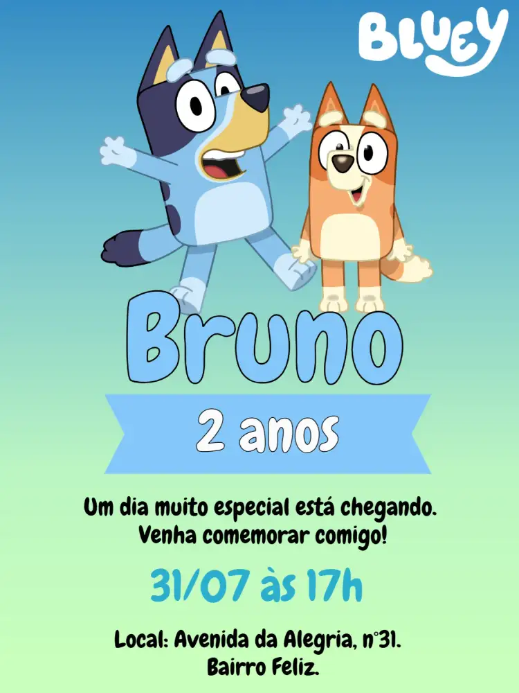 Convite Bluey e Bingo Desenho – tema Mais pesquisados azul, lúdico, infantil, divertido, colorido, temática de desenho