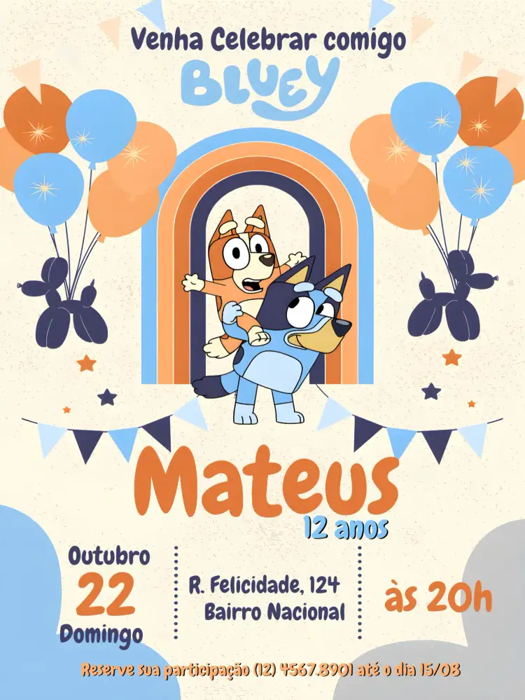 Convite Bluey E Bingo Desenho – tema Mais pesquisados colorido, infantil, lúdico, moderno, divertido