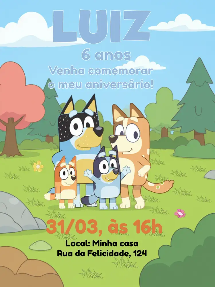 Convite Bluey E Bingo Desenho – tema Mais pesquisados colorido, divertido, infantil, moderno, animado, lúdico