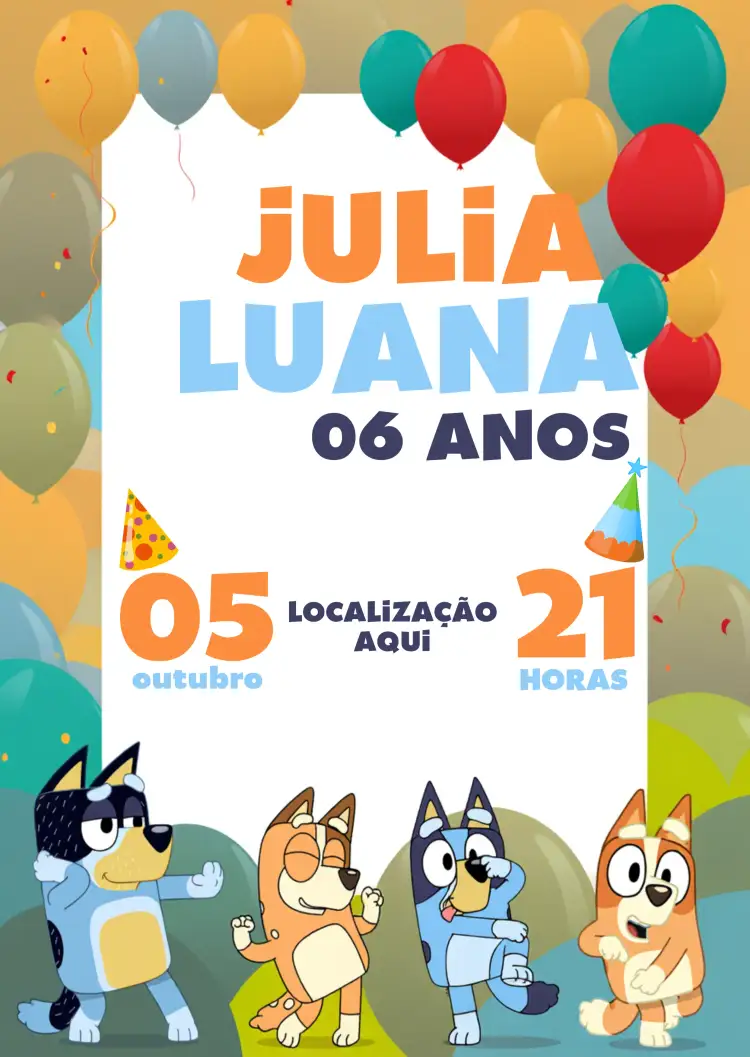 Convite Bluey E Bingo Infantil – tema Mais pesquisados colorido, divertido, infantil, temático, vibrante