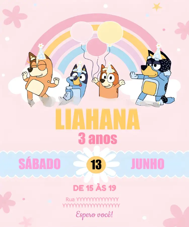 Convite Bluey E Bingo Infantil – tema Mais pesquisados floral, colorido, divertido, infantil, temático