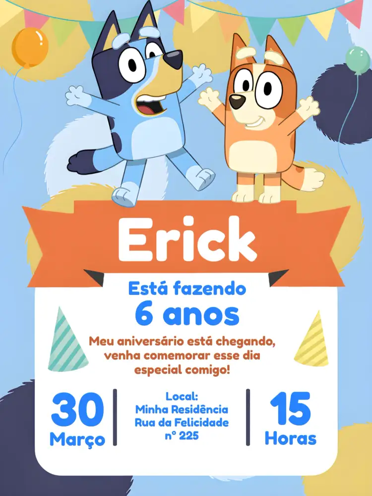 Convite Bluey E Bingo Cachorro – tema Mais pesquisados colorido, divertido, infantil, animado, temático, brincalhão
