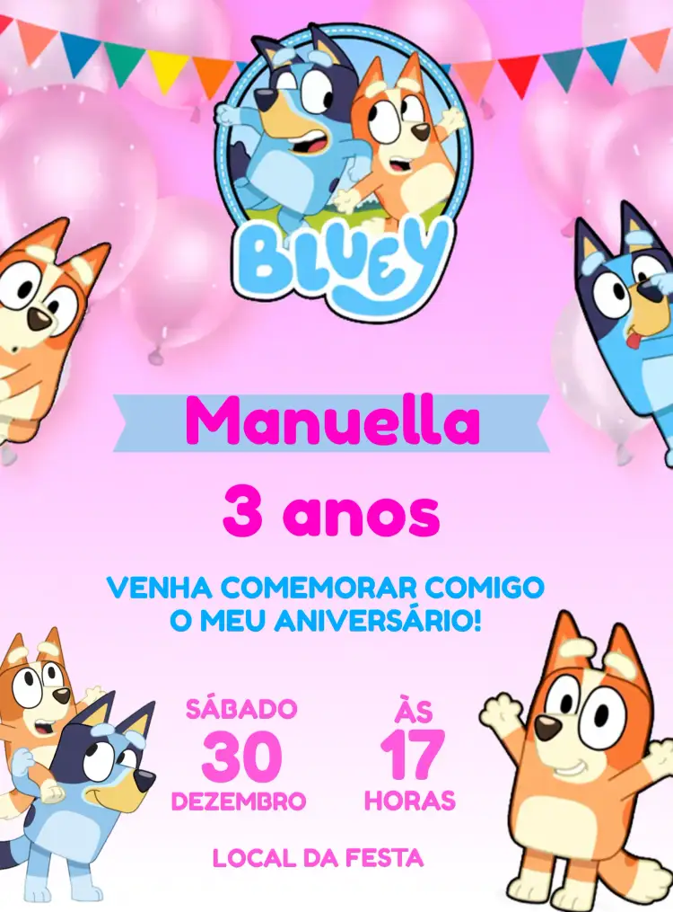 Convite Bluey E Bingo Rosa – tema Mais pesquisados cores vibrantes, estilo lúdico, elementos gráficos divertidos, tema rosa, inspirado na série, design infantil