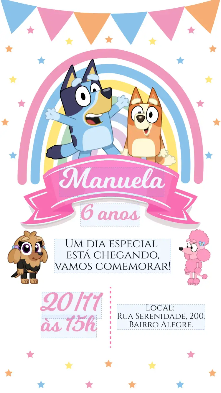 Convite bluey e bingo rosa menina – tema Aniversário Infantil rosa suave, divertido, ilustrações de personagens, colorido, infantil, moderno
