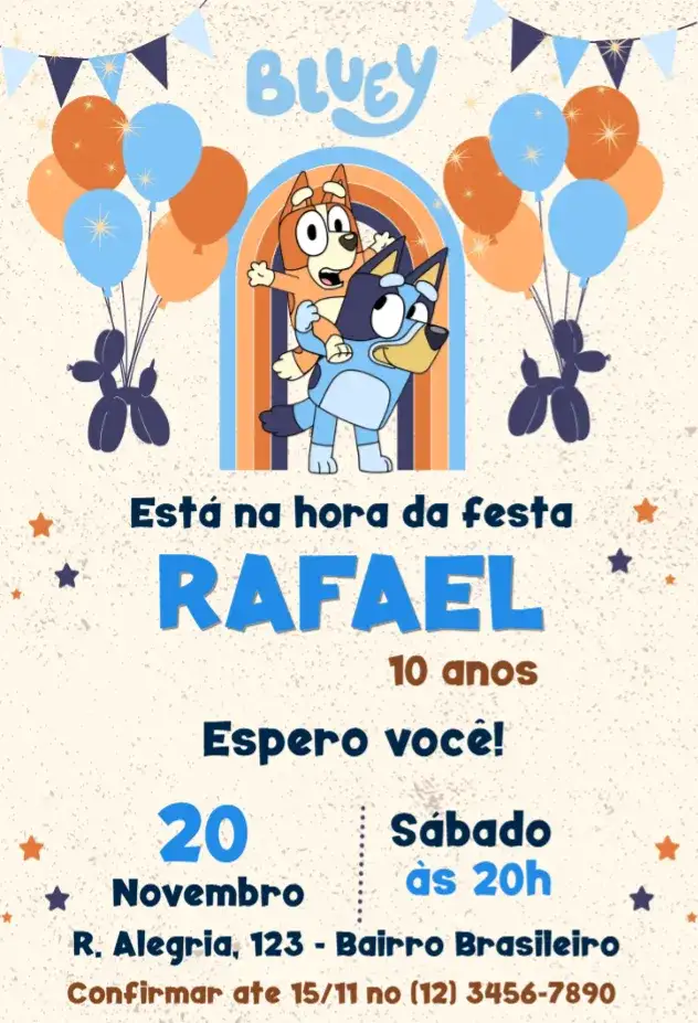 Convite Bluey – tema Aniversário Infantil colorido, divertido, infantil, animado, cartoon, brincalhão