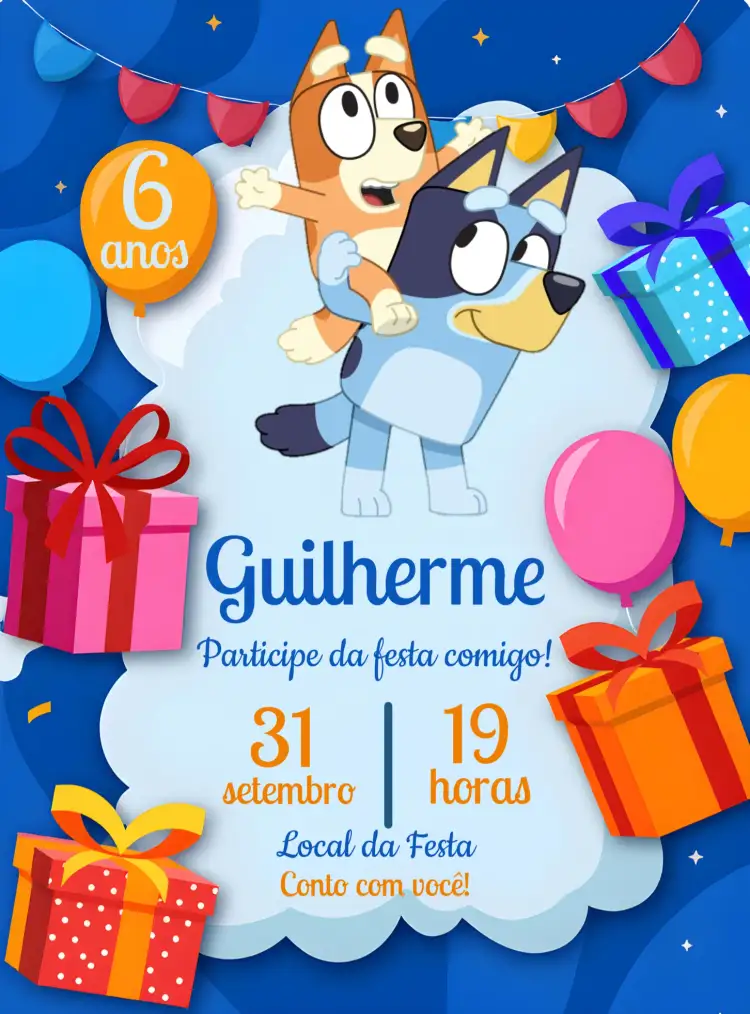 Convite Bluey Festa – tema Mais pesquisados vibrante, lúdico, divertido, colorido, infantil, temático